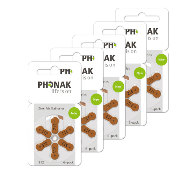 Phonak Hörgerätebatterien 312 - braun PR41 - (30er Pack / 5x 6er Blister)